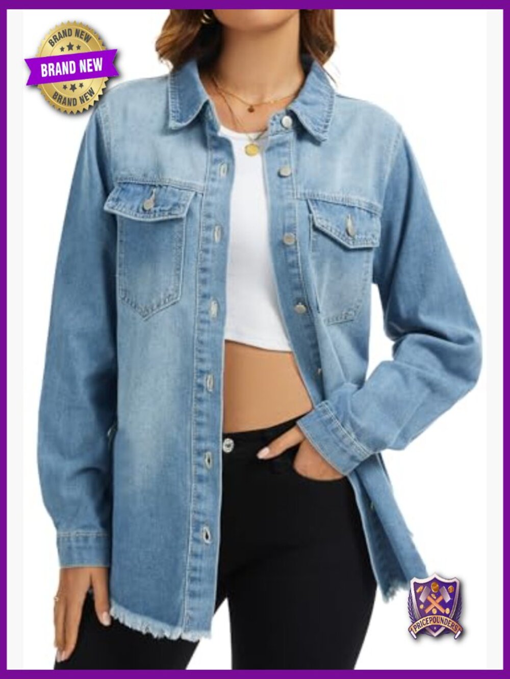 Oversized Denim Jacket with Distressed Frayed Hem Long Sleeve Button Front Jean - Picture 2 of 6